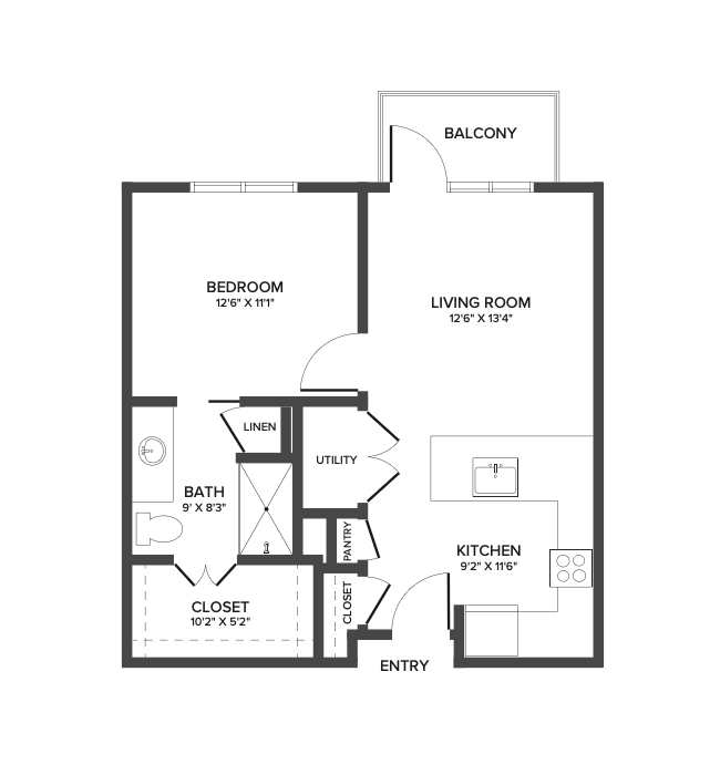 An independent living suite floor plan with two bedrooms and one bathroom.