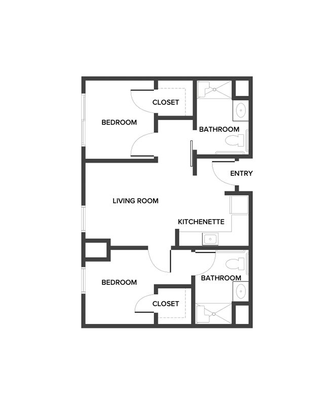 An assisted living suite floor plan with two bedrooms and two bathrooms.