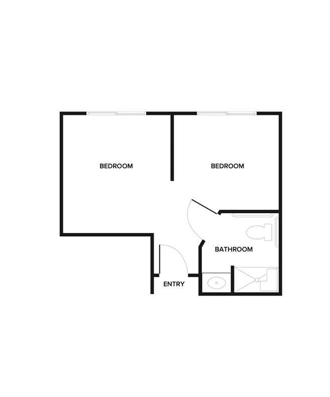 A memory care shared suite floor plan with two bedrooms and one bathroom.