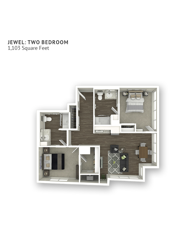 An assisted living floor plan with two bedrooms and approximately 1,103 square feet.
