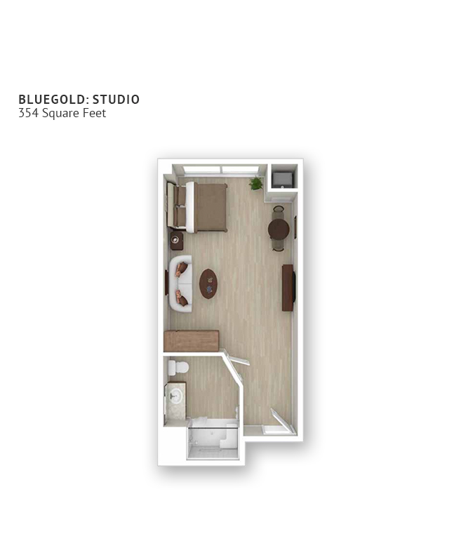 A memory care studio suite floor plan with an open living/bedroom space and approximately 354 square feet.