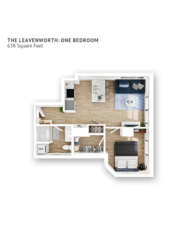 An independent living suite floor plan with one bedroom and approximately 638 square feet.