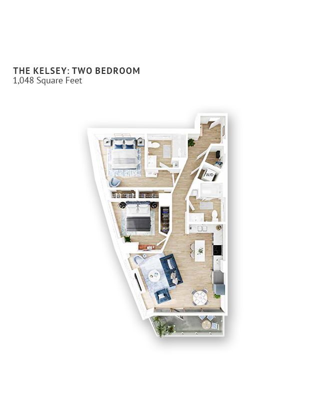 An independent living floor plan with two bedrooms and approximately 1,048 square feet.