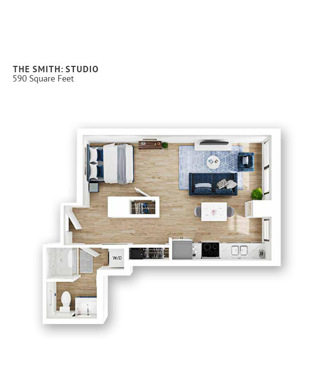 An independent living studio suite floor plan with an open living/bedroom space, kitchenette and approximately 590 square feet.