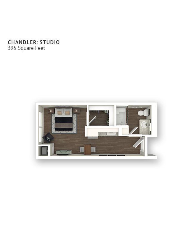 An assisted living floor plan with an open living/bedroom area. Approximately 395 square feet.