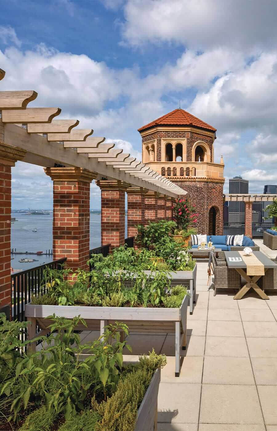 A look at the rooftop of The Watermark at Brooklyn Heights featuring raised planters available for residents that enjoy partaking in gardening during the warmer months.