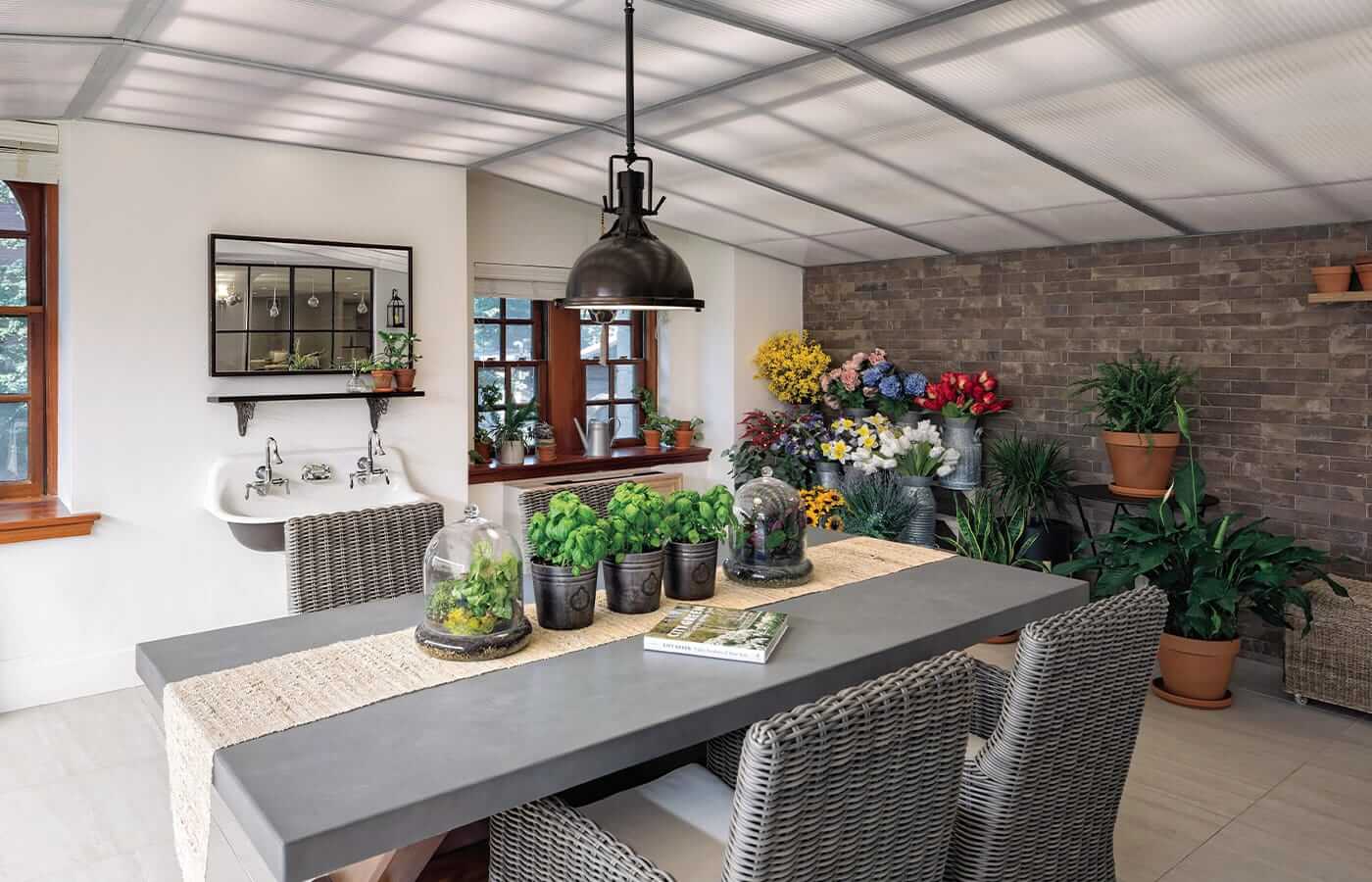 An elevated work space within the indoor greenhouse for residents of our Memory Care program at The Watermark at Brooklyn Heights.