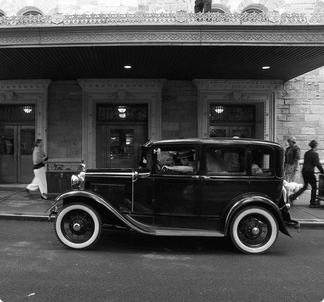 Black and white image of Ford car.