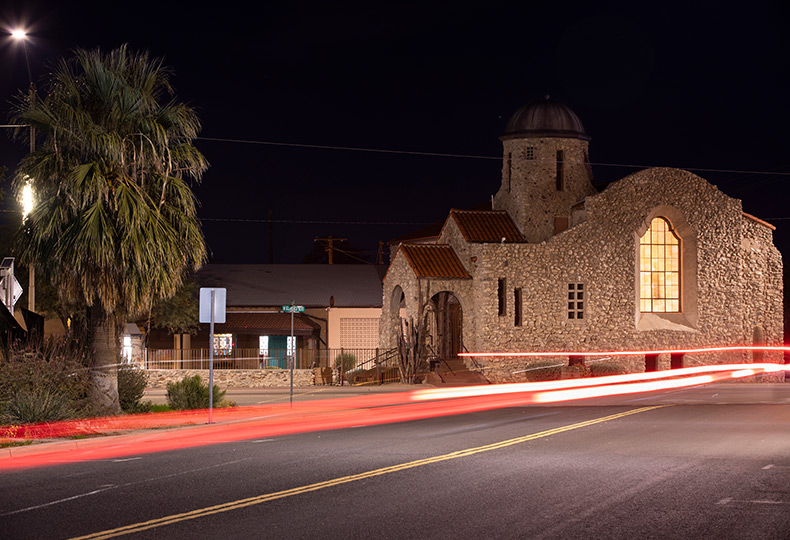 The exterior of the Casa Grande Museum at night.