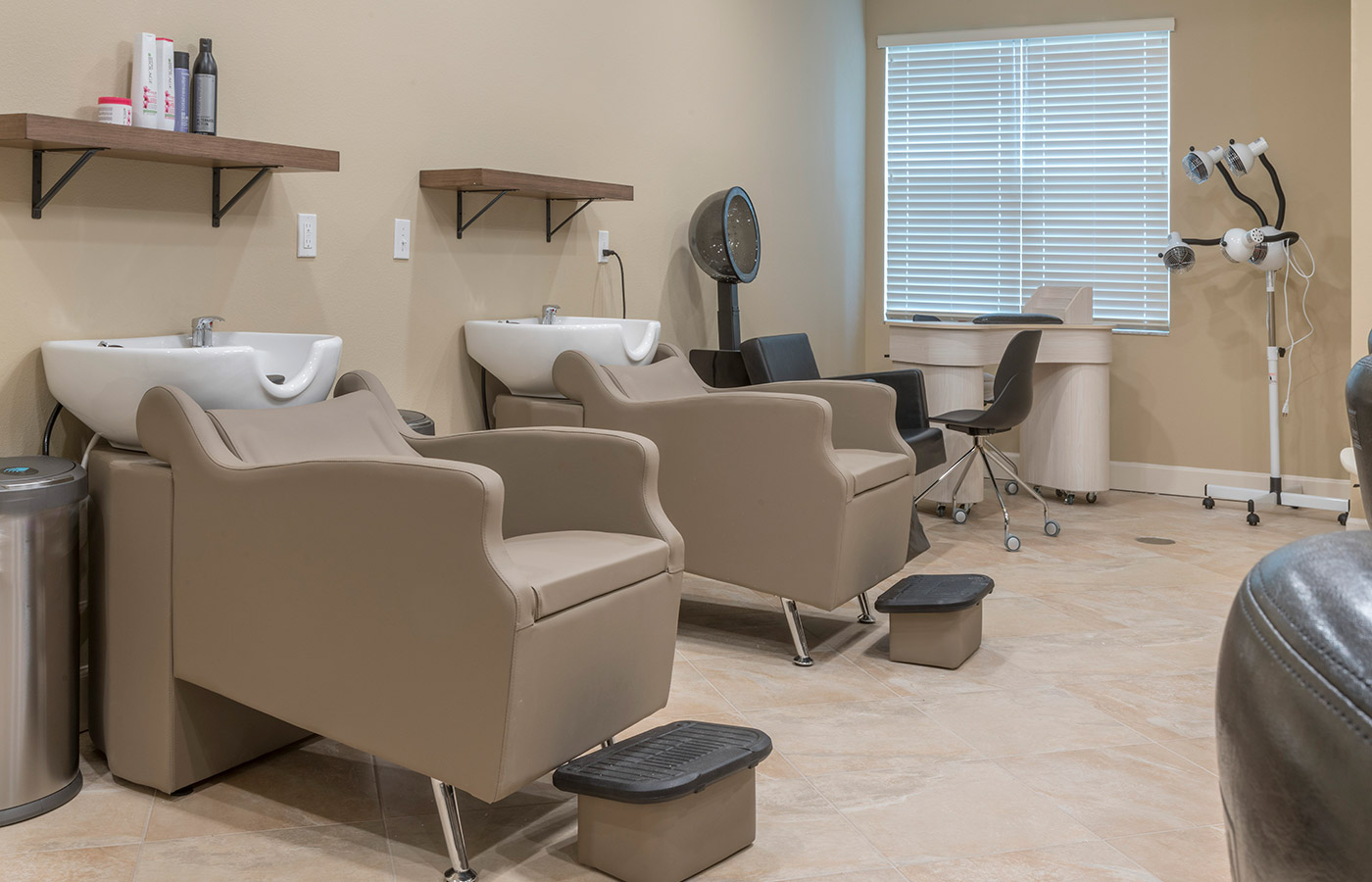 Salon with seating stations.