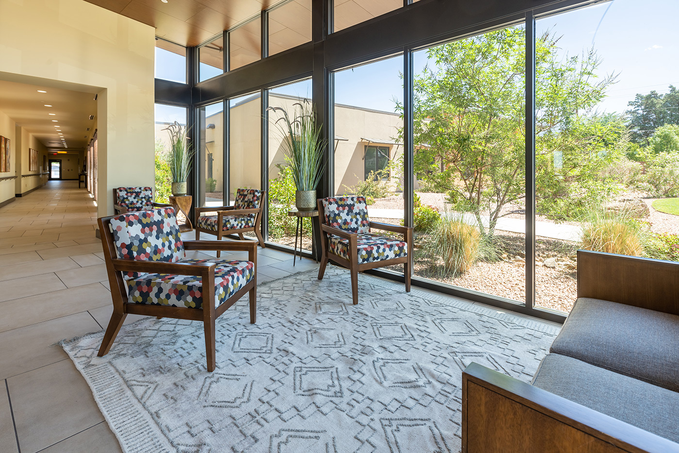 The Watermark at Cherry Hills interior seating area with view.