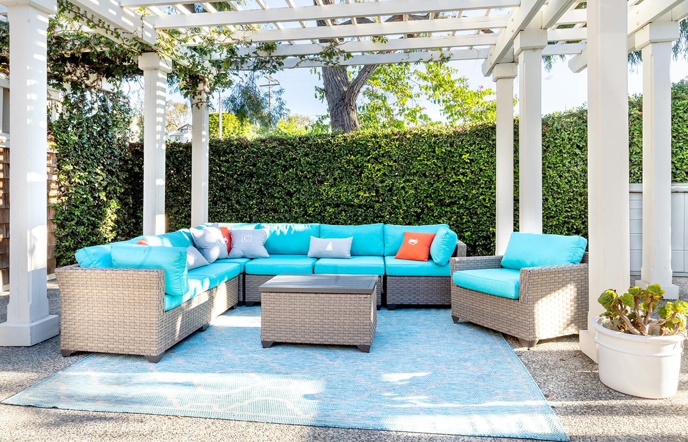 Patio furniture under large covered patio.