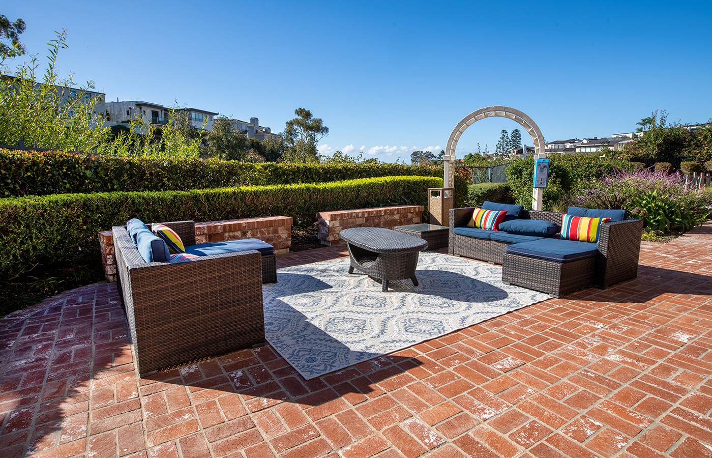 A large patio with furniture. 