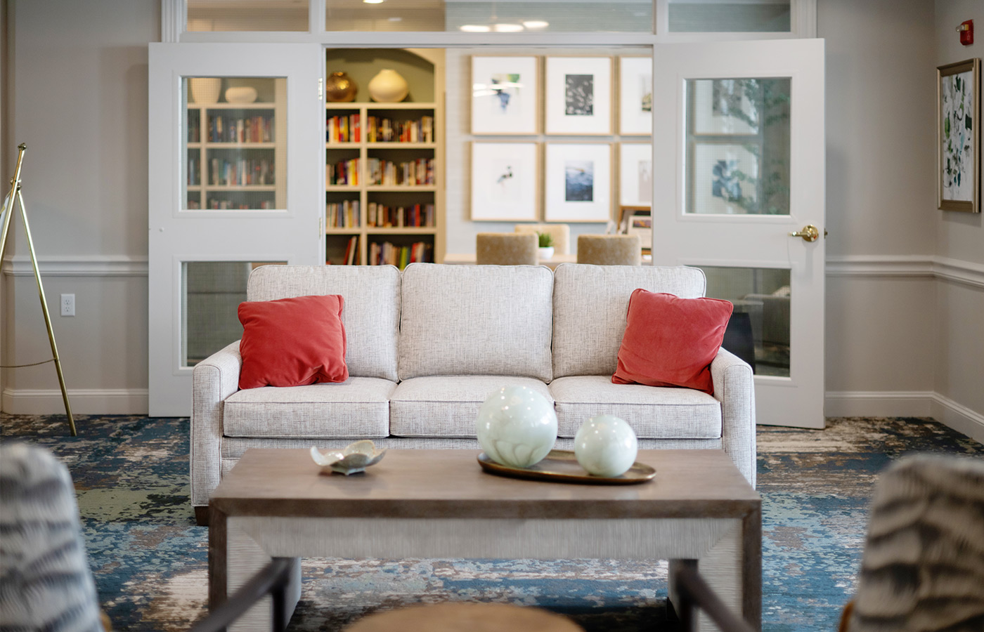 A couch in the lobby.