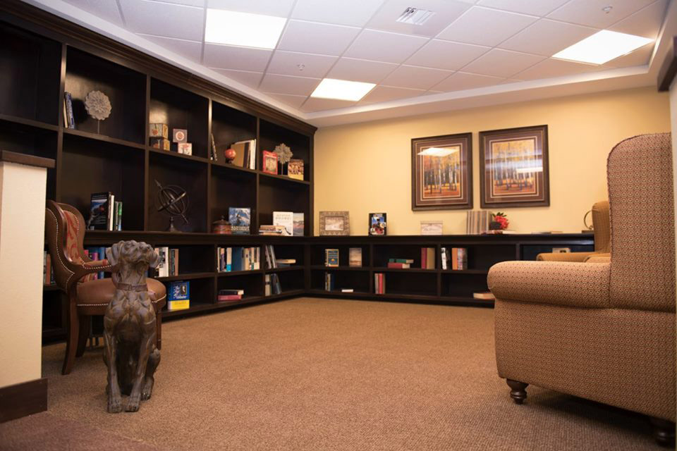 A room in the library with seating. 