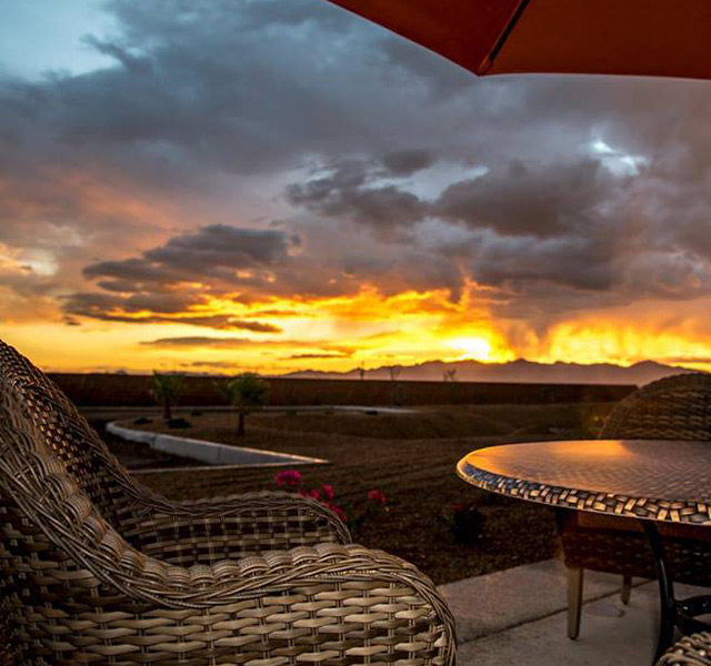 A patio at sunset.