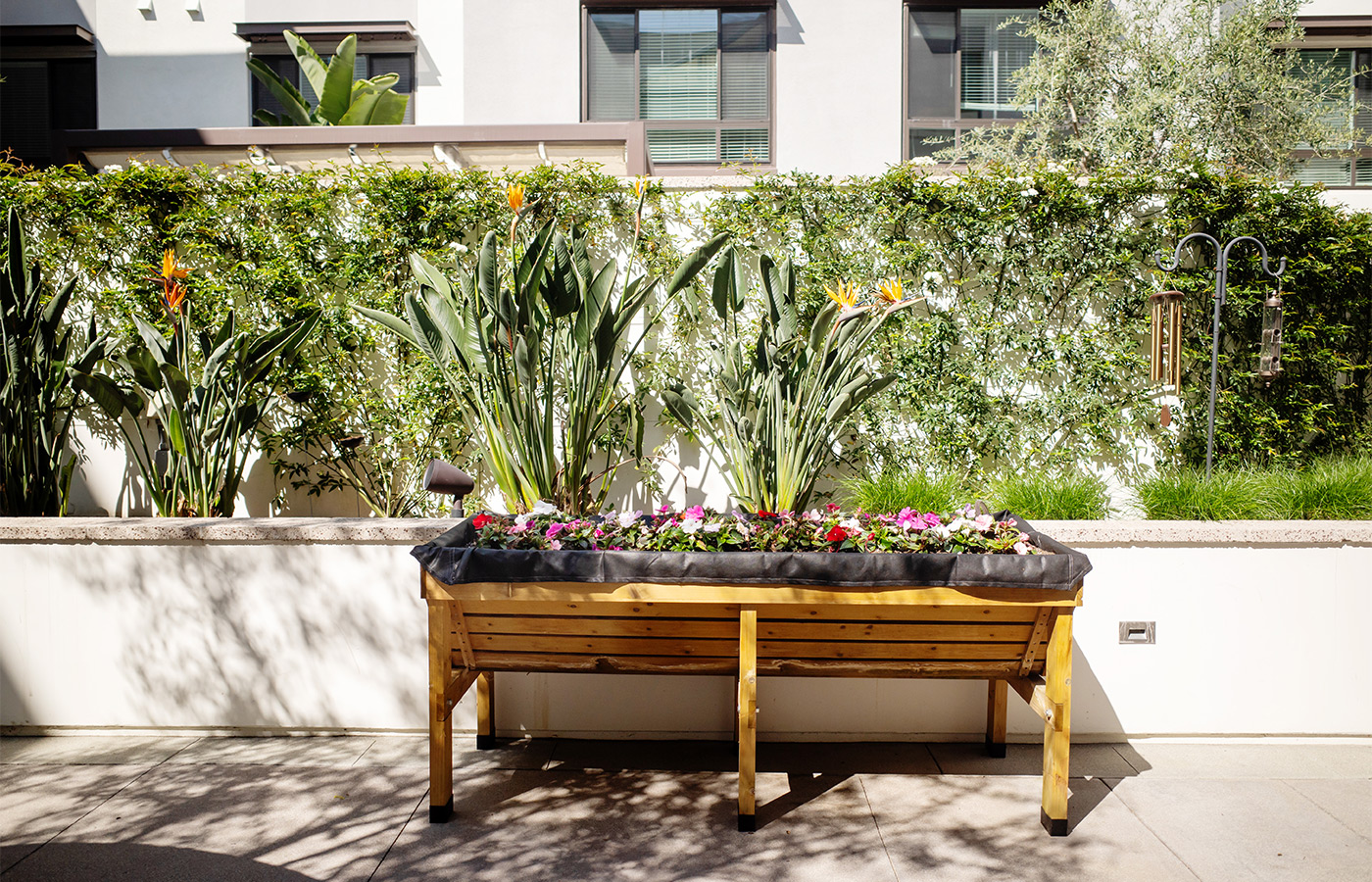 A gardening bench outside.