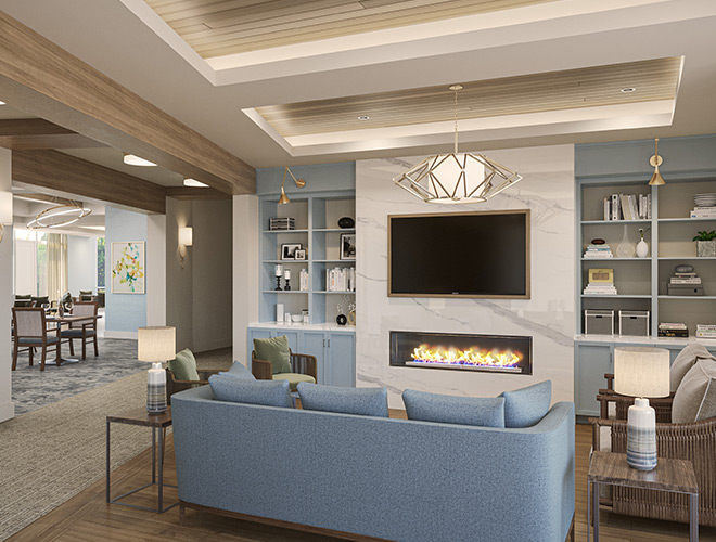 A fully furnished community living room space.