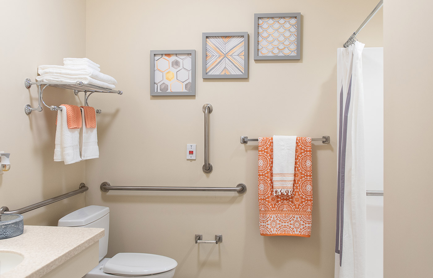 A bathroom in an apartment at The Legacy at Maiden Park.