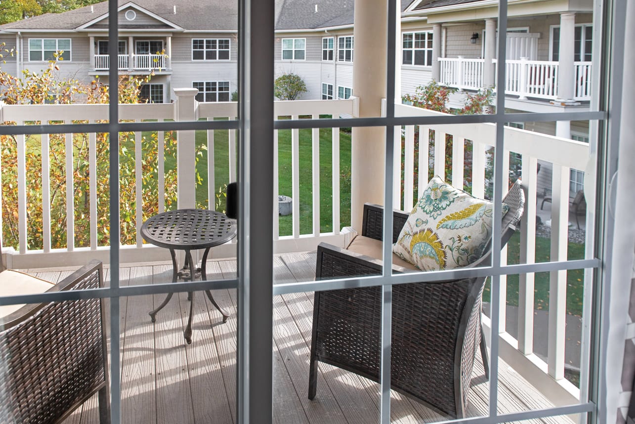 A patio in an apartment at The Legacy at Fairways.