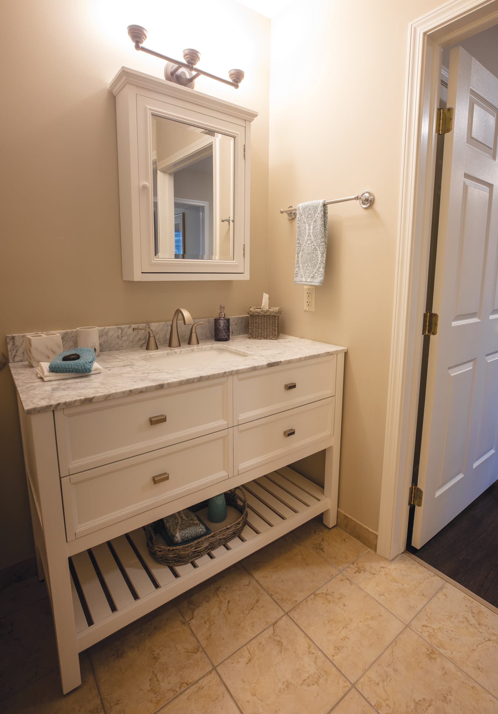 A bathroom in an apartment at The Legacy at Fairways.