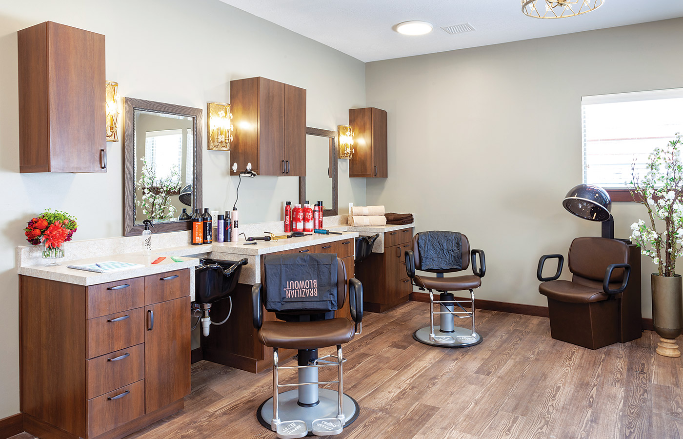 Salon filled with styling stations.