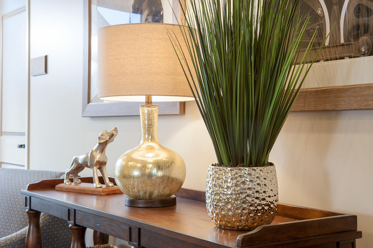 Lamp with soft lighting and plant on top of a table.