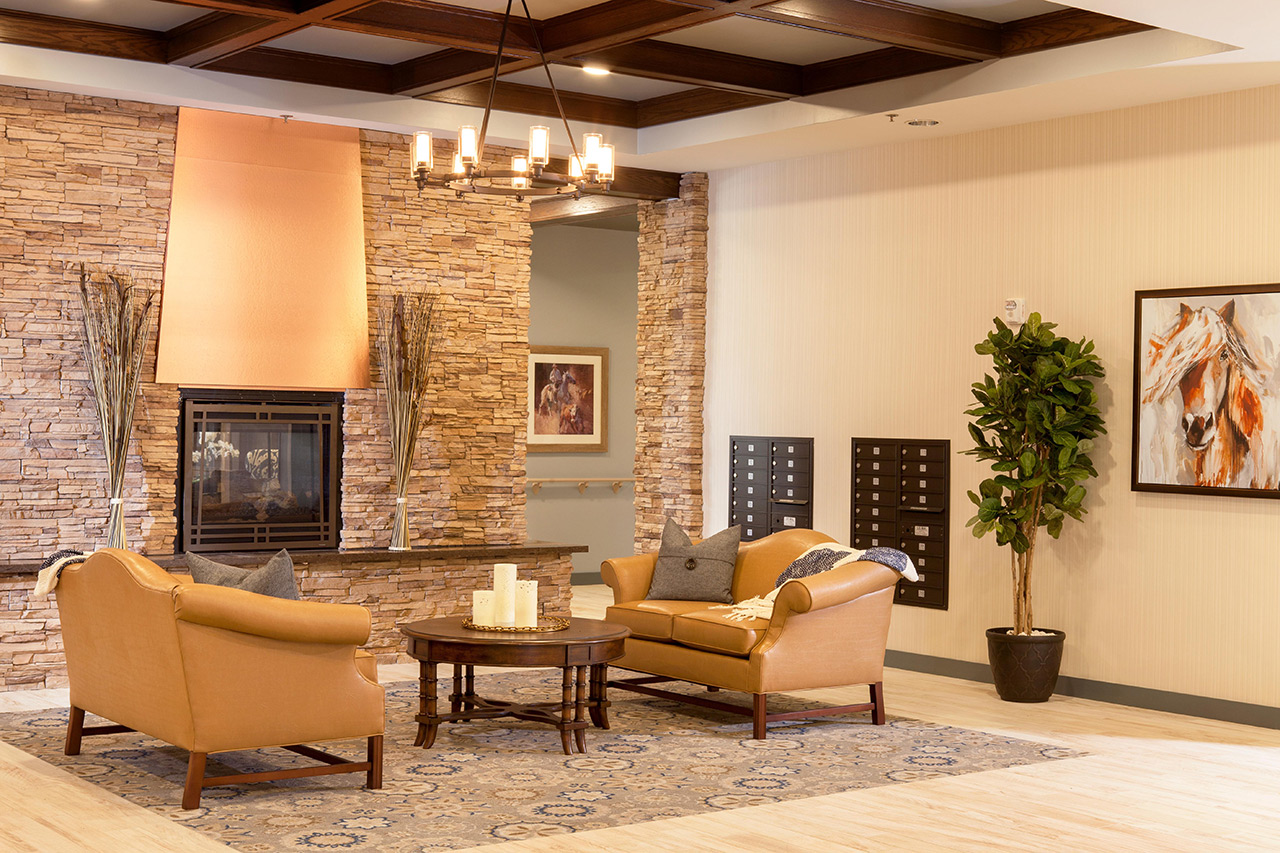 Parkview in Frisco seating area with fireplace.