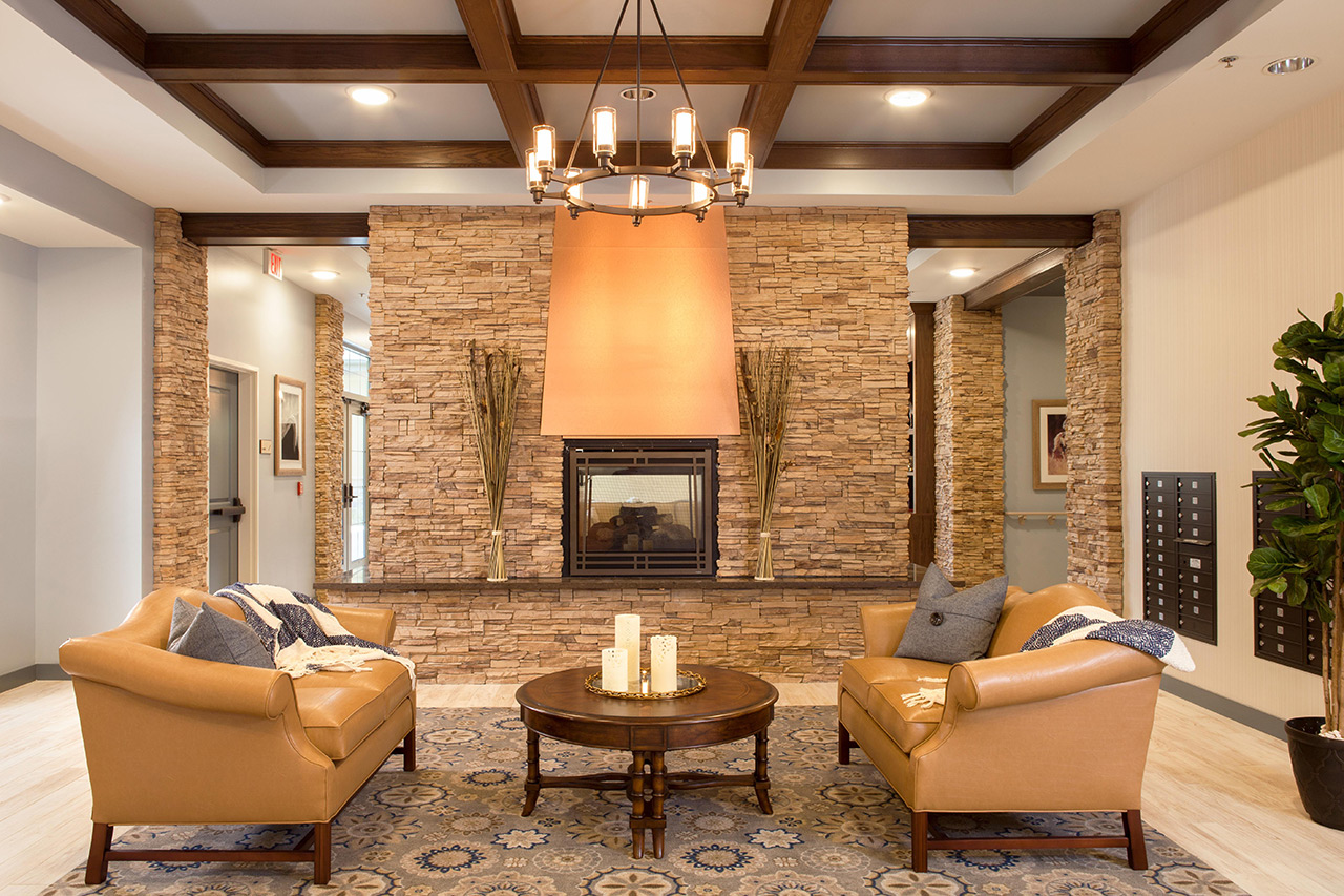 Parkview in Frisco seating area with fireplace.
