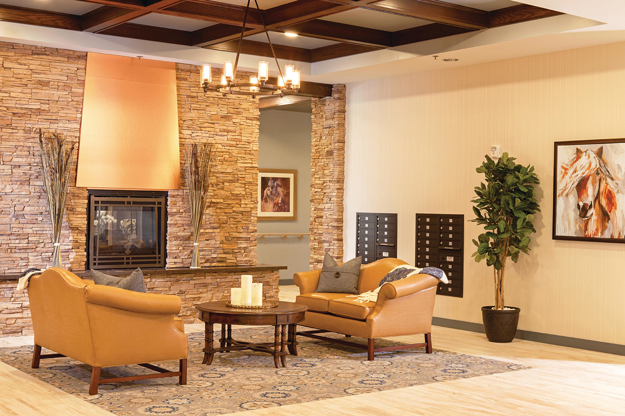 Parkview in Frisco seating area with fireplace.