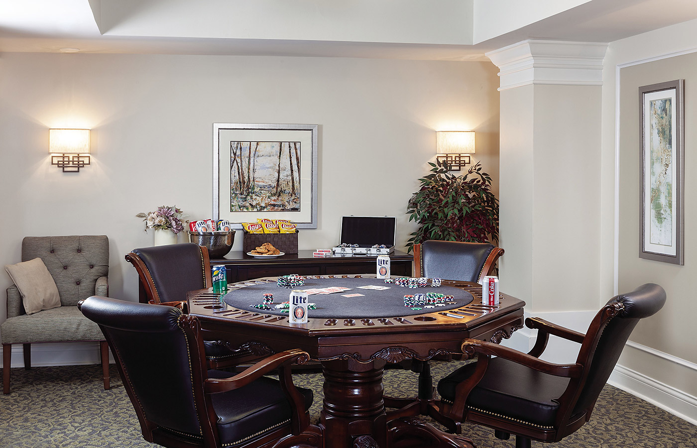 Poker table in game room.