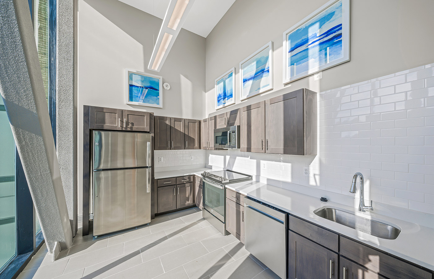 A kitchen in an apartment at The Skybridge at Town Center.