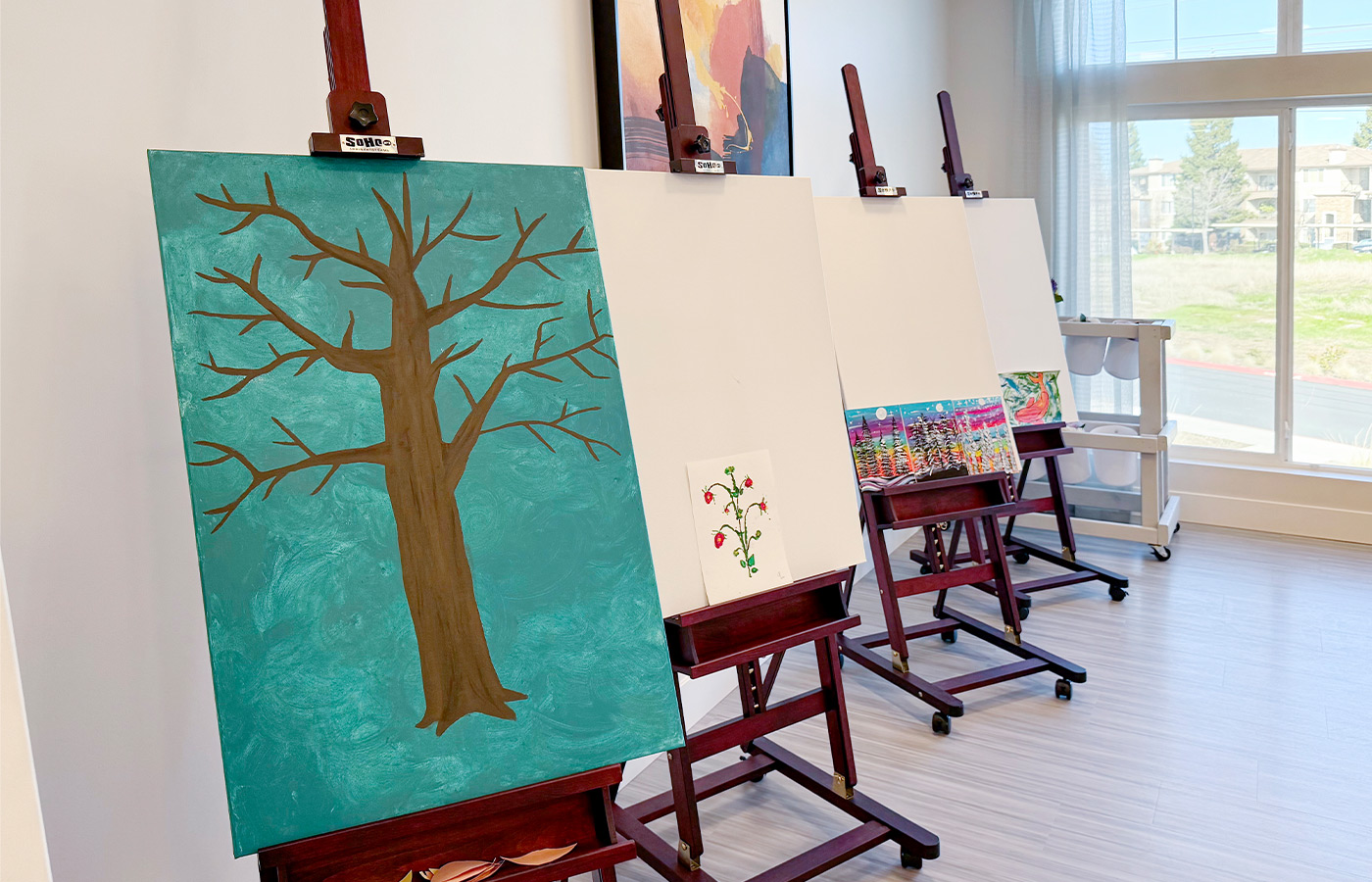 An art studio with easels. 