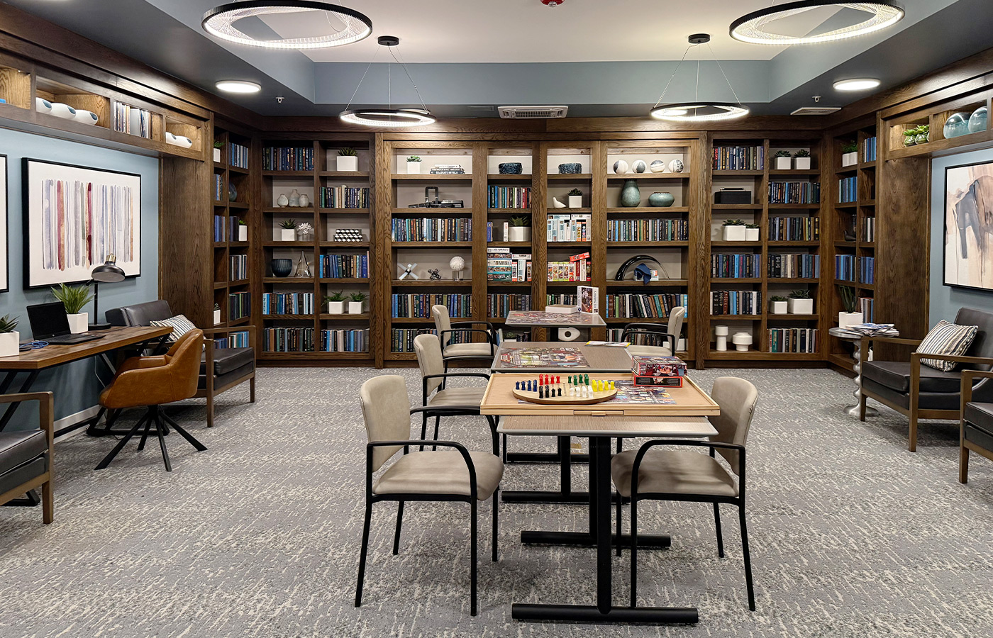 A library with tables.