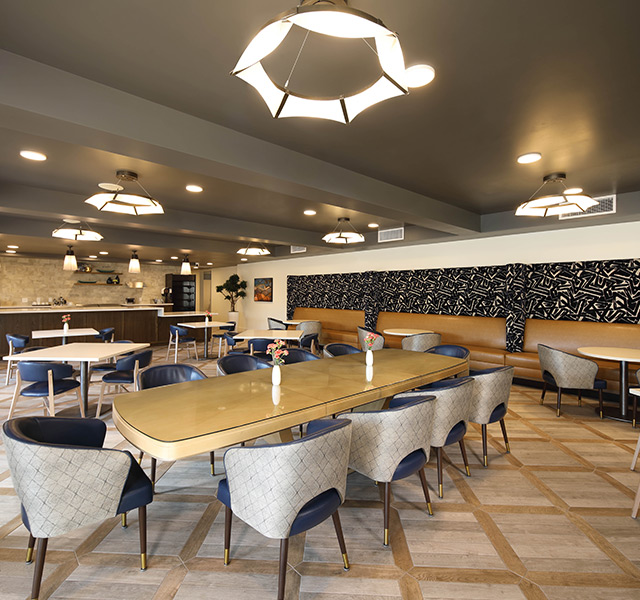 A bistro with a counter and seating.