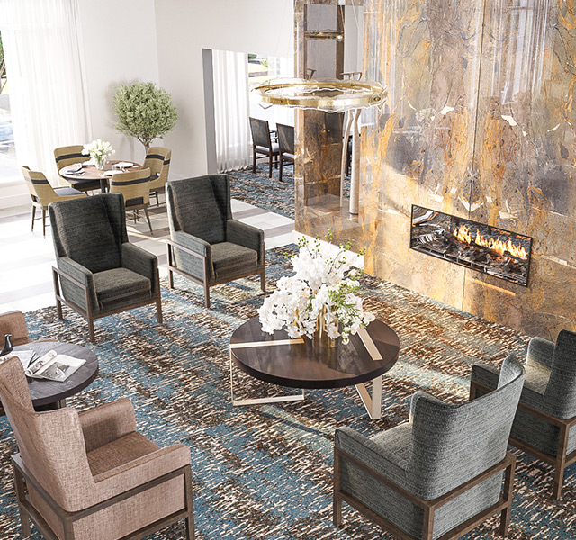 A living room with a fireplace.