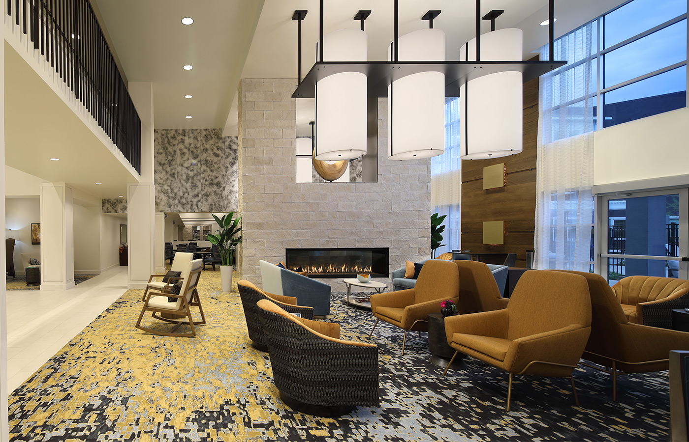A modern lobby with seating.