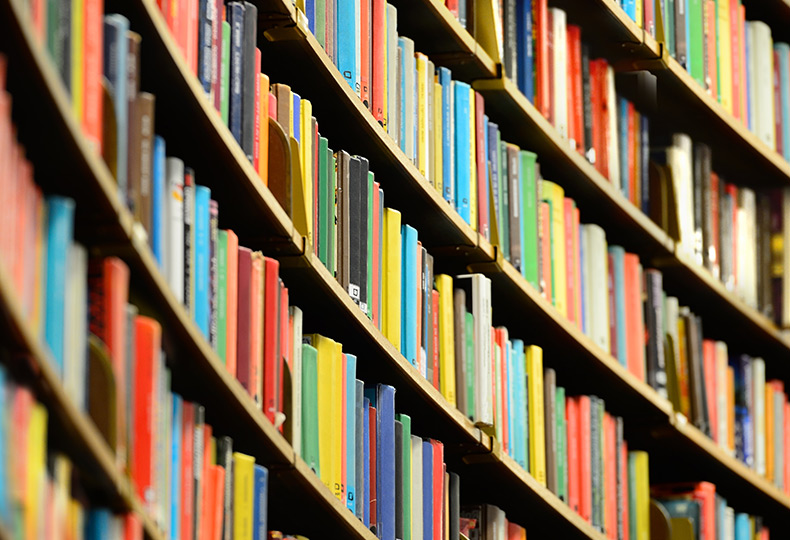 Library book shelves.