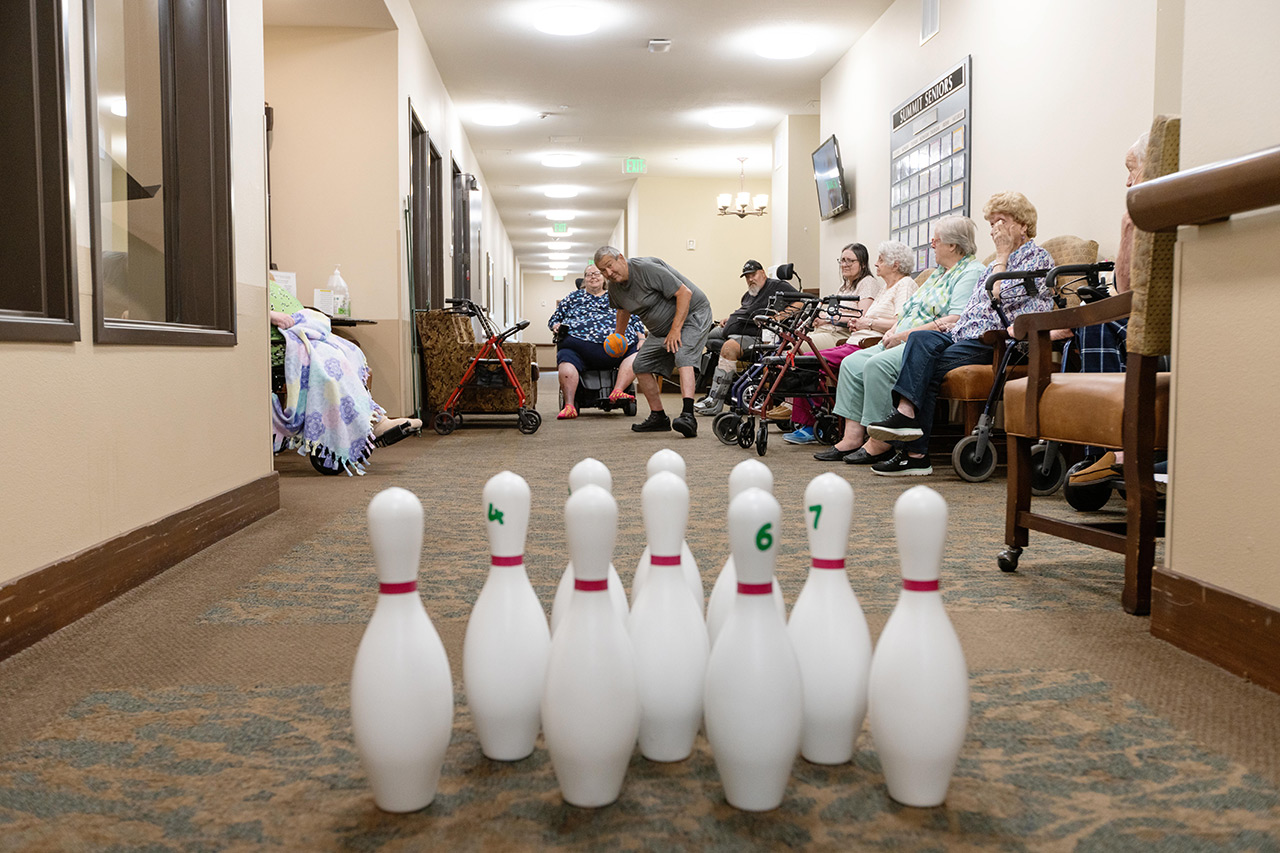 A bowling game set up at Summit Senior Living.