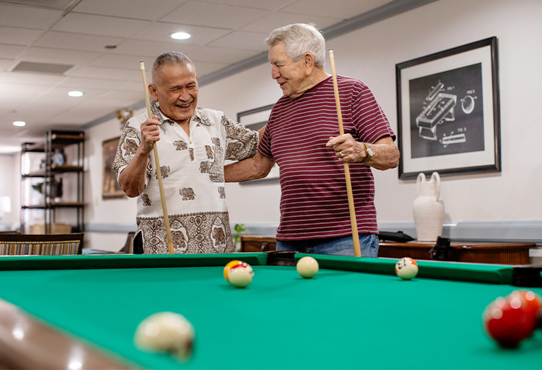 Two people playing pool.