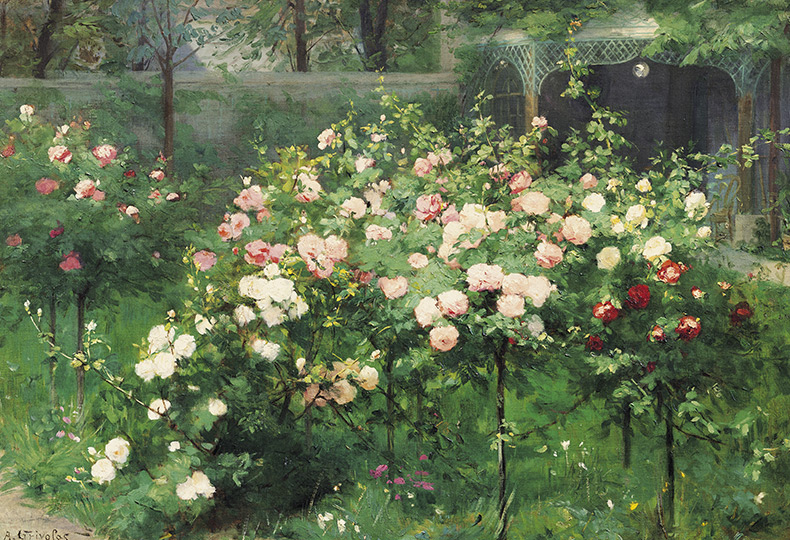 An impressionist painting of a garden.
