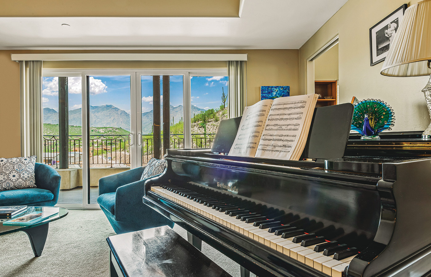 Piano by seating area.