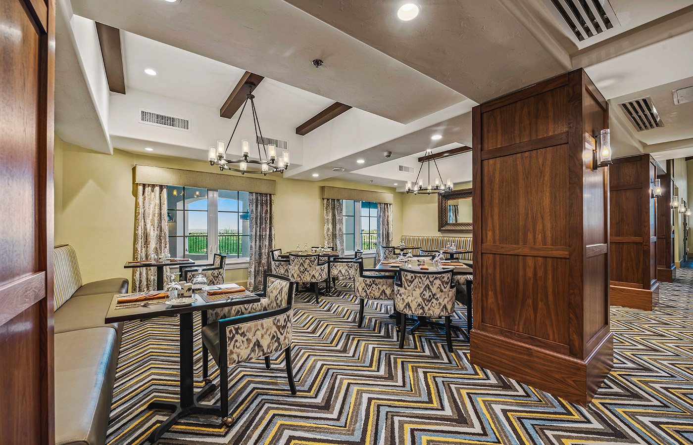 Dining room with seating area.
