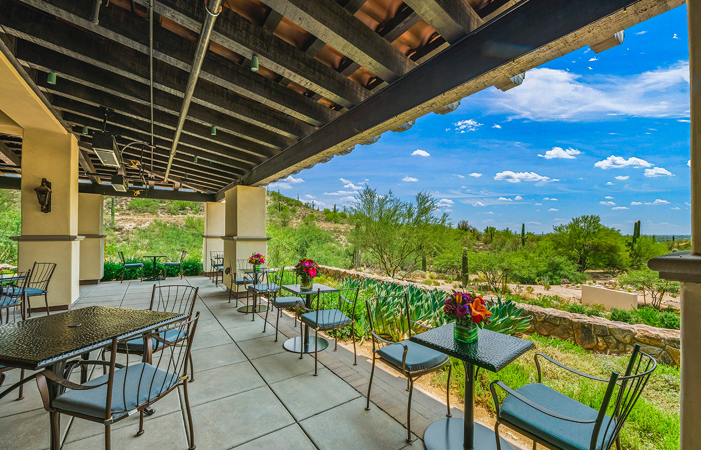 A covered patio at The Hacienda at the Canyon.