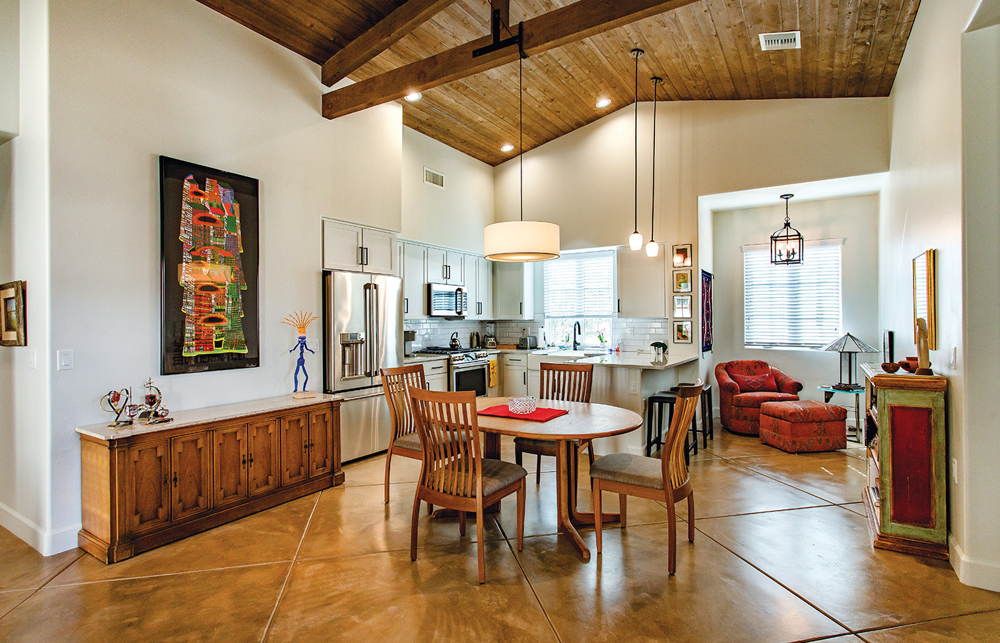 Dining room with seating area.
