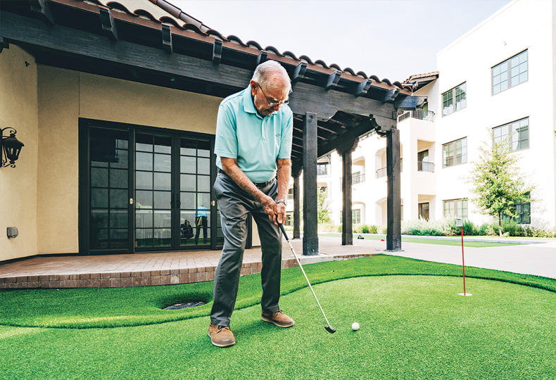 A resident is golfing.
