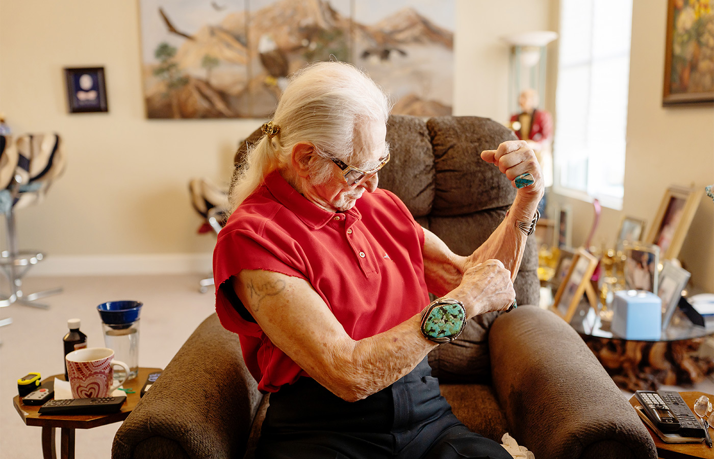 A person flexing their muscles.