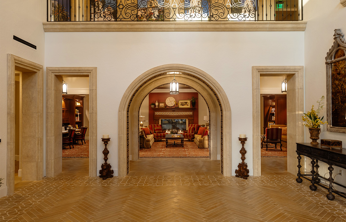 A lobby with arches.