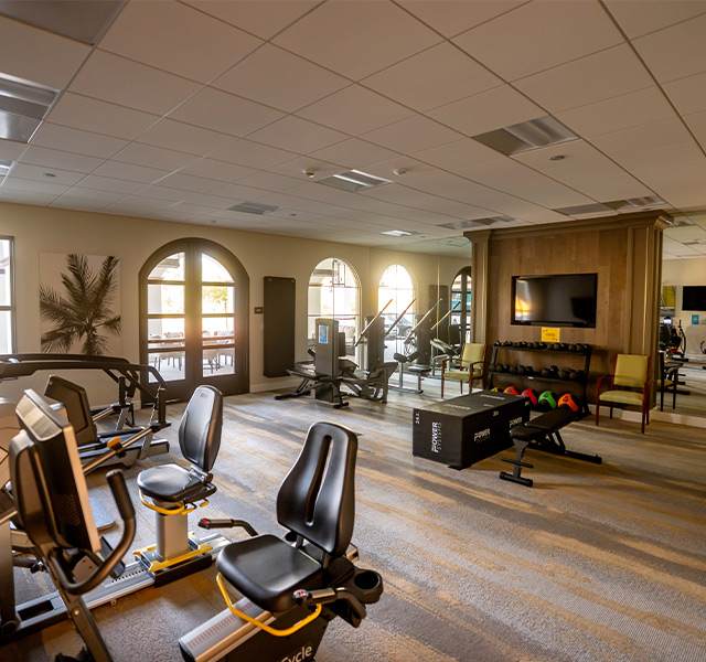 A fitness center with equipment.
