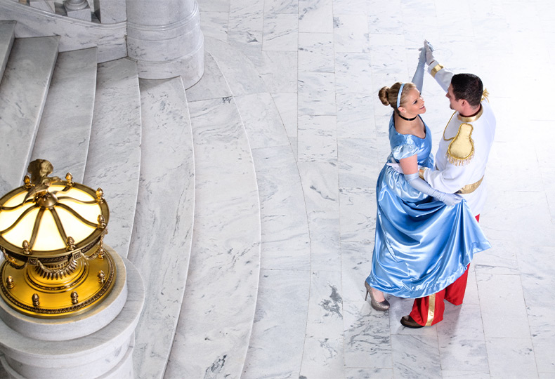 Cinderella and Prince Charming dancing.